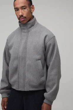 boohooMAN Veste Bomber Melton Col Cheminée Coupe Regular<Homme Vestes & Manteaux Grande Taille|Nouveautés Grande Taille