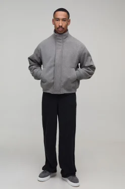 boohooMAN Veste Bomber Melton Col Cheminée Coupe Regular<Homme Vestes & Manteaux Grande Taille|Nouveautés Grande Taille