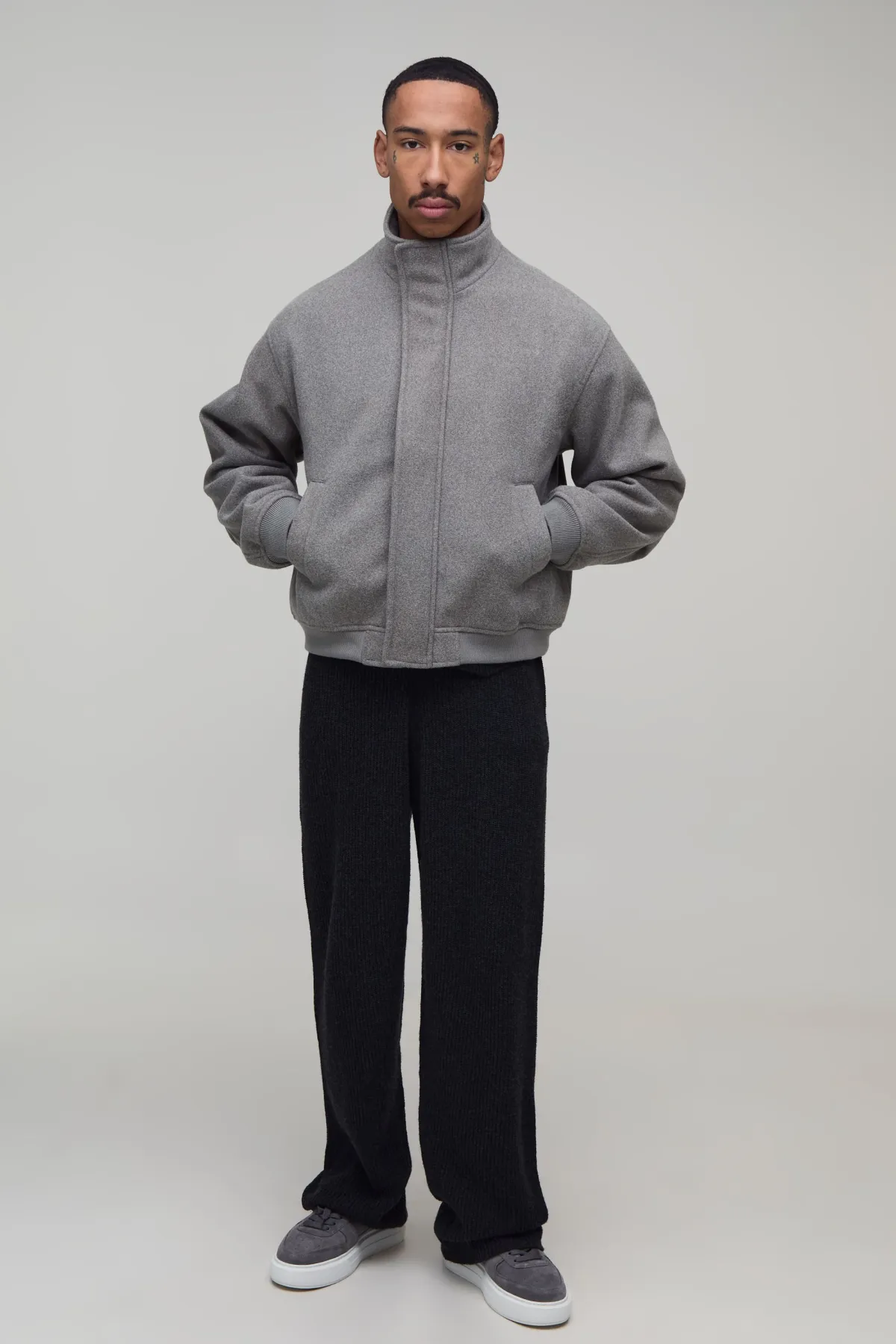 boohooMAN Veste Bomber Melton Col Cheminée Coupe Regular<Homme Vestes & Manteaux Grande Taille|Nouveautés Grande Taille