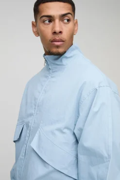 Veste Bomber Oversize Boxy à Col Montant en Sergé avec Détails de Poches