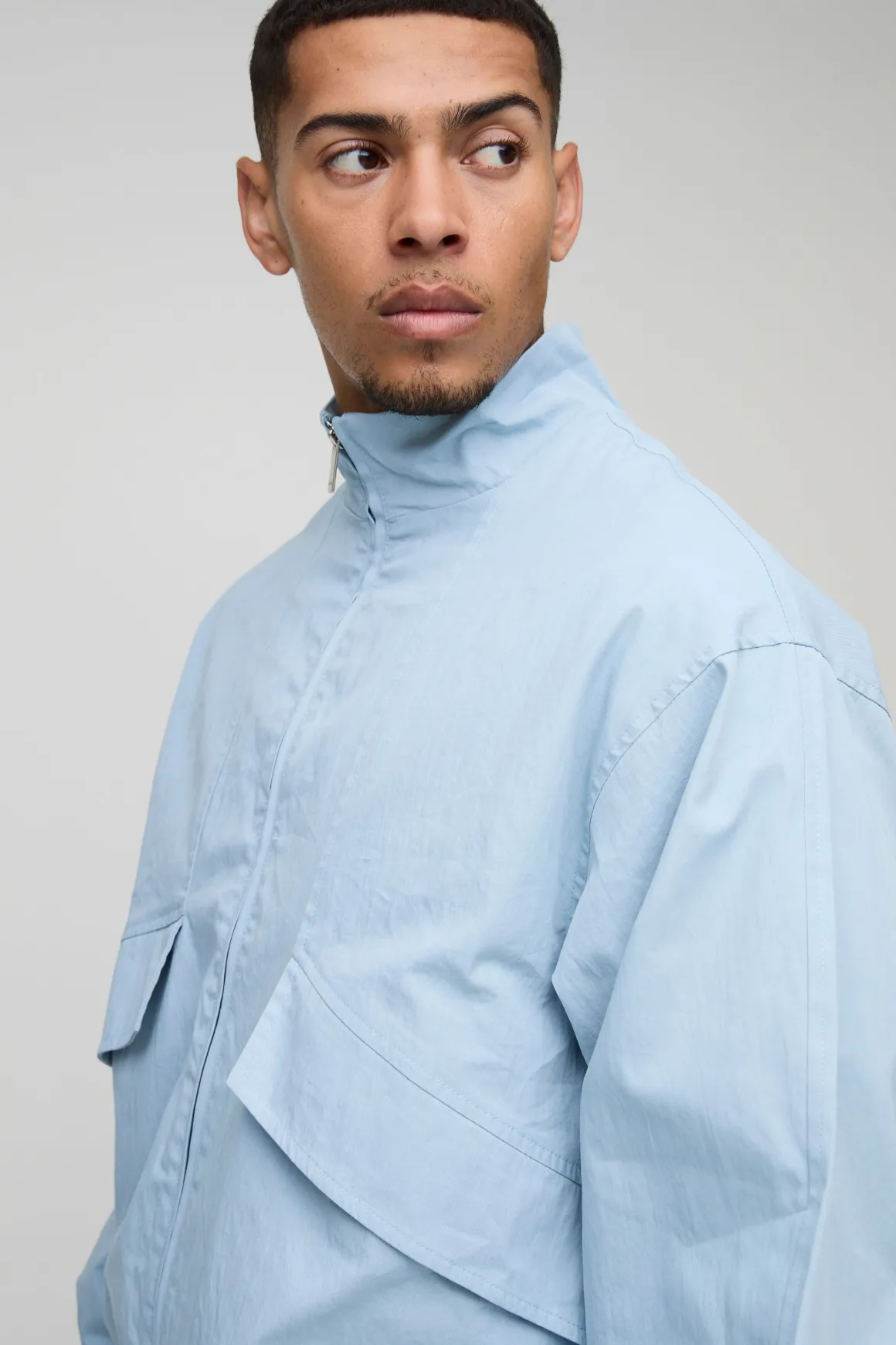 Veste Bomber Oversize Boxy à Col Montant en Sergé avec Détails de Poches