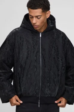 boohooMAN Veste bomber oversize à capuche imprimée en synthétique synthétique<Homme Manteaux Et Vestes