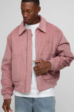 Veste bomber oversize à col en velours côtelé et doublure contrastante