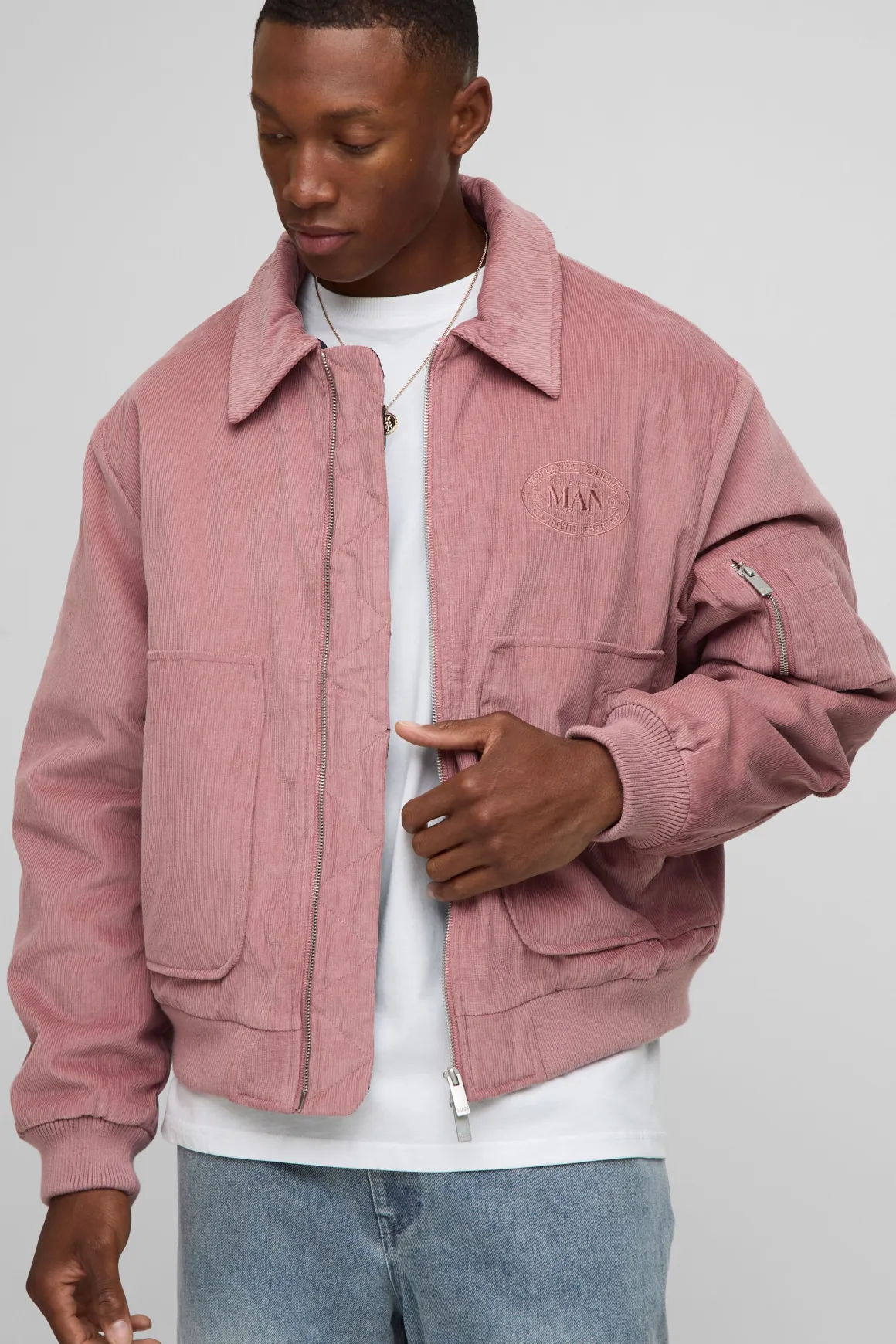 Veste bomber oversize à col en velours côtelé et doublure contrastante