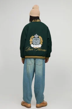 boohooMAN Veste bomber oversize en melton à col en entonnoir et blason brodé<Homme Manteaux Et Vestes
