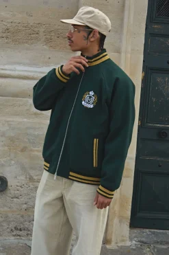 boohooMAN Veste bomber oversize en melton à col en entonnoir et blason brodé<Homme Manteaux Et Vestes