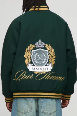 boohooMAN Veste bomber oversize en melton à col en entonnoir et blason brodé<Homme Manteaux Et Vestes