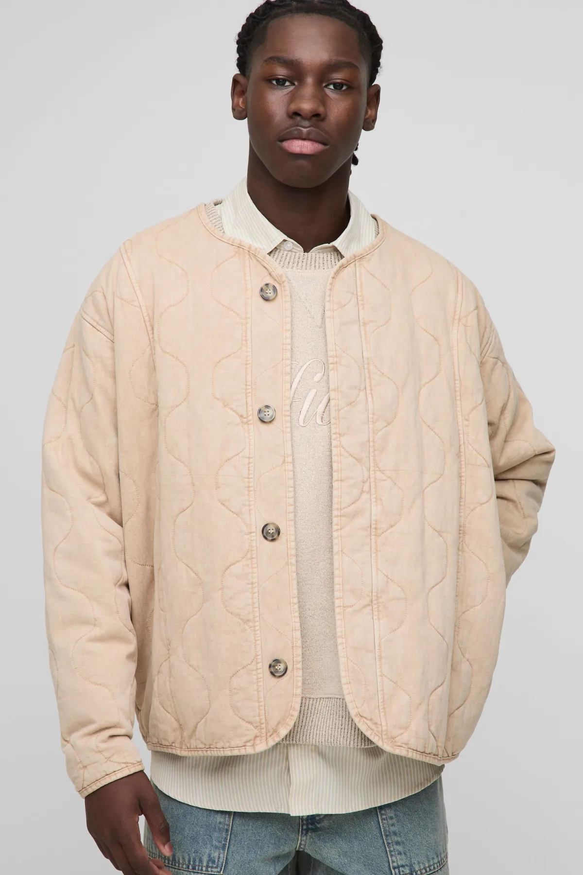 boohooMAN Veste bomber oversize en sergé lavé matelassé sans col<Homme Manteaux Et Vestes