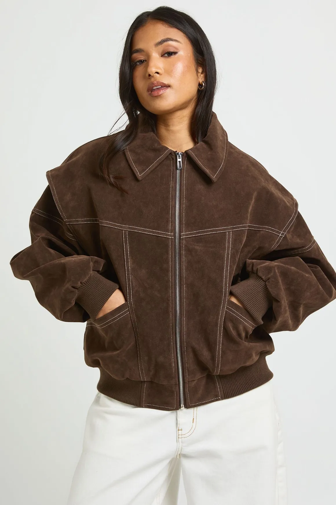 Veste Bomber Petite En Synthétique Avec Surpiqûres Contrastées