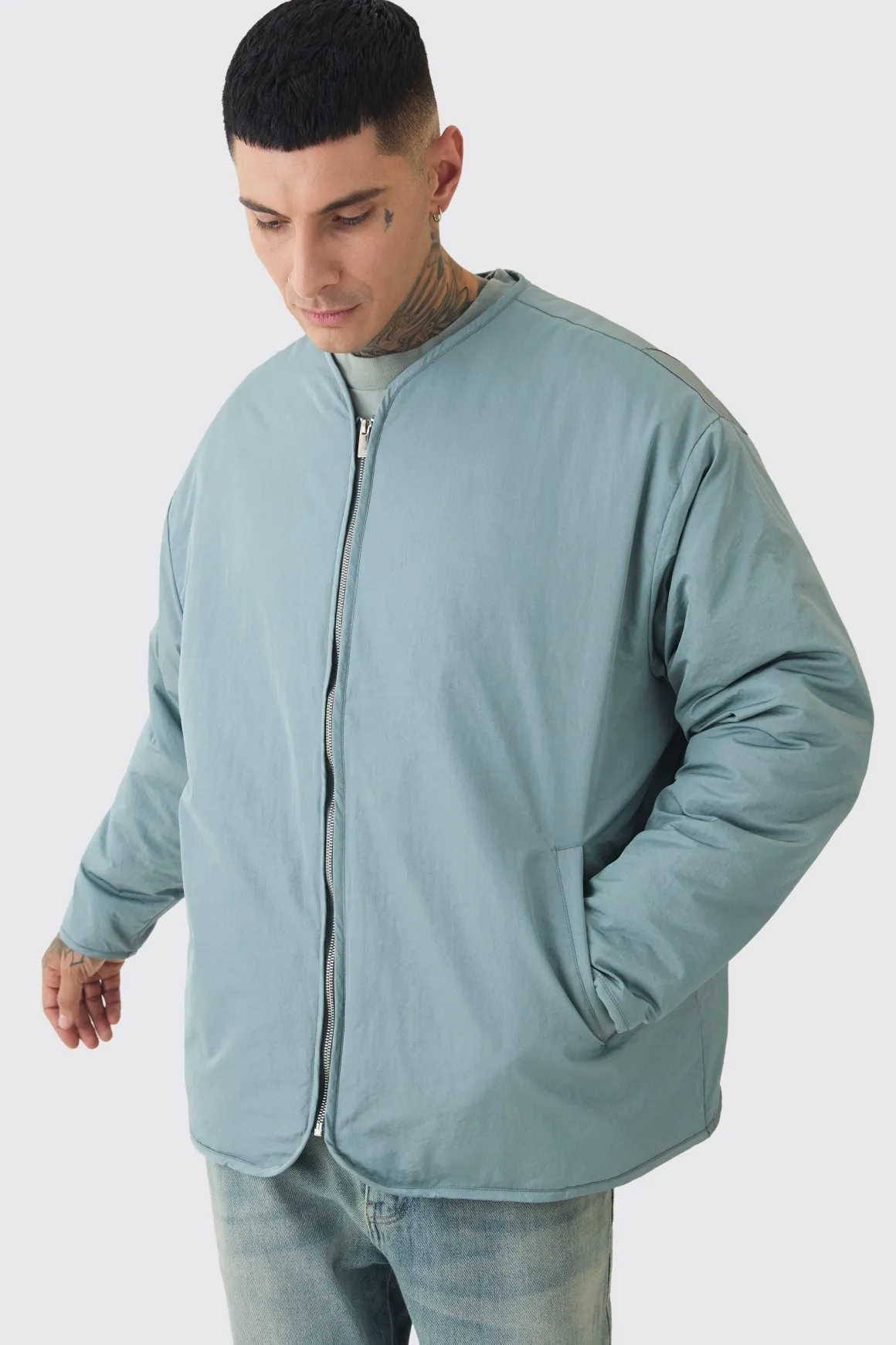Veste bomber rembourrée, surdimensionnée, sans col, haute en ardoise