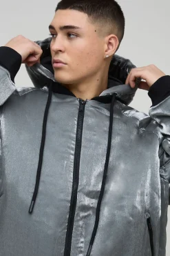 Veste bomber surdimensionnée à capuche en liquide métallique en gris