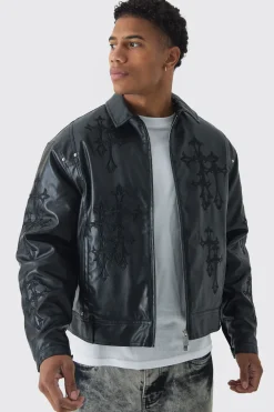 boohooMAN Veste bomber synthétique en à appliqués croisés<Homme Vestes & Manteaux Grande Taille|Tout Afficher