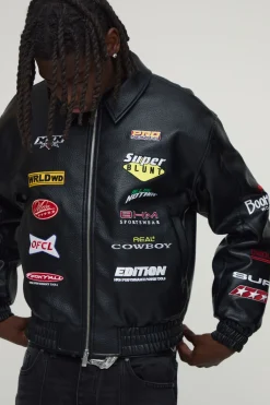 boohooMAN Veste Bomber Universitaire Coupe Ample En Synthétiquecuir Avec Écusson Appliqué Rodéo<Homme Manteaux Et Vestes