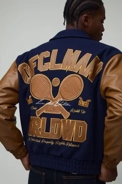 Veste bomber Varsity en Melton avec appliqué tennis pour homme Boxy OFCL