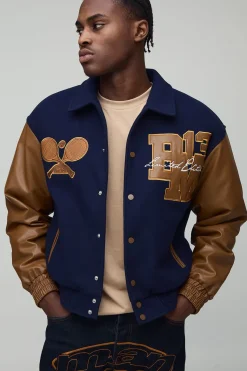 Veste bomber Varsity en Melton avec appliqué tennis pour homme Boxy OFCL
