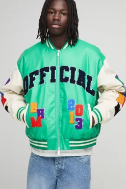 boohooMAN Veste bomber varsity officielle à la coupe boxy avec badge en lettres et appliqué en synthétique<Homme Manteaux Et Vestes