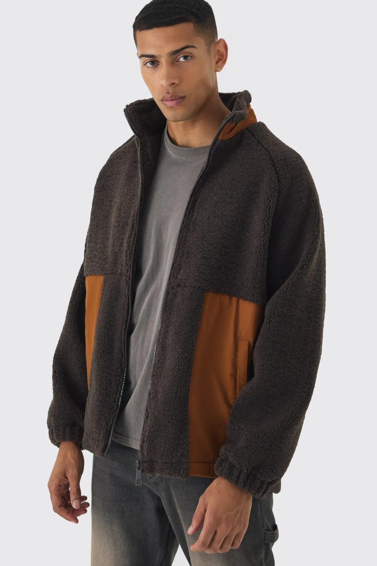 boohooMAN Veste Borg et Nylon à Bloc de Couleurs en<Homme Manteaux Et Vestes