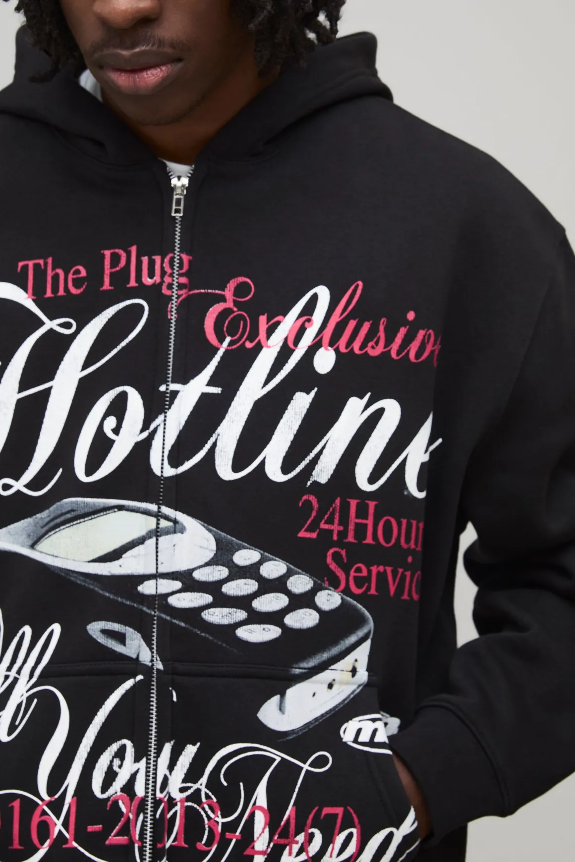 Veste à capuche noire oversize boxy avec imprimé graphique "Hotline" et fermeture éclair intégrale