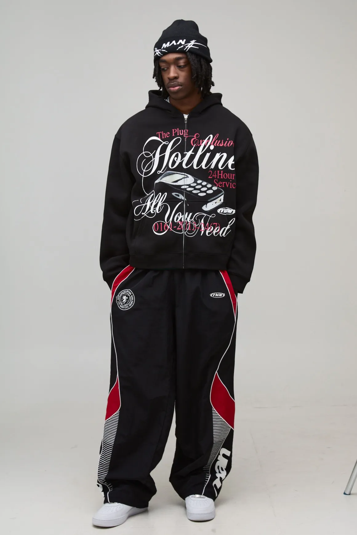 Veste à capuche noire oversize boxy avec imprimé graphique "Hotline" et fermeture éclair intégrale