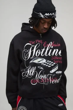 Veste à capuche noire oversize boxy avec imprimé graphique