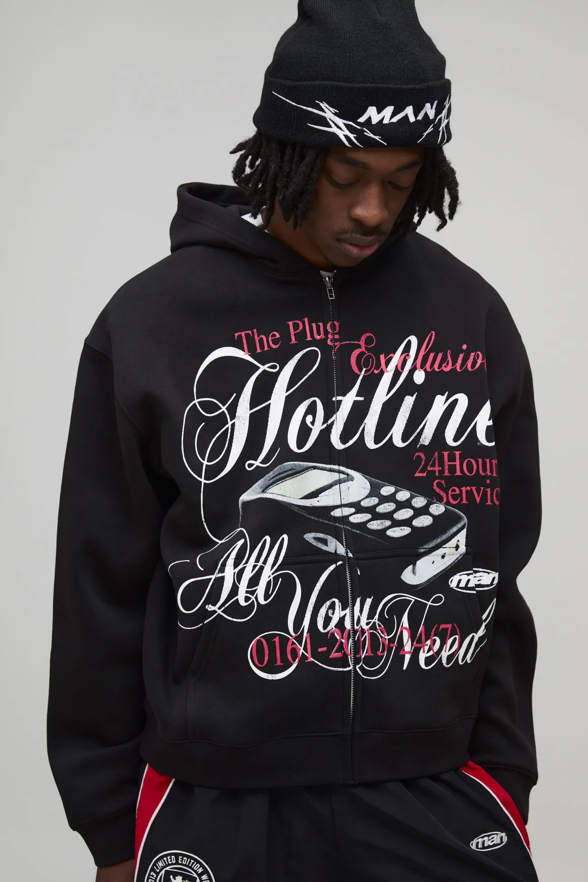 Veste à capuche noire oversize boxy avec imprimé graphique "Hotline" et fermeture éclair intégrale