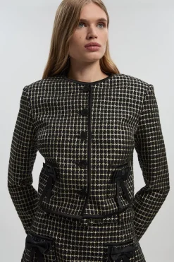 Veste Cintrée en Tweed sans Col avec Détail Nœud - Taille Haute