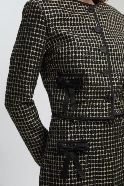 Veste Cintrée en Tweed sans Col avec Détail Nœud - Taille Haute