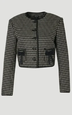 Veste Cintrée en Tweed sans Col avec Détail Nœud - Taille Haute