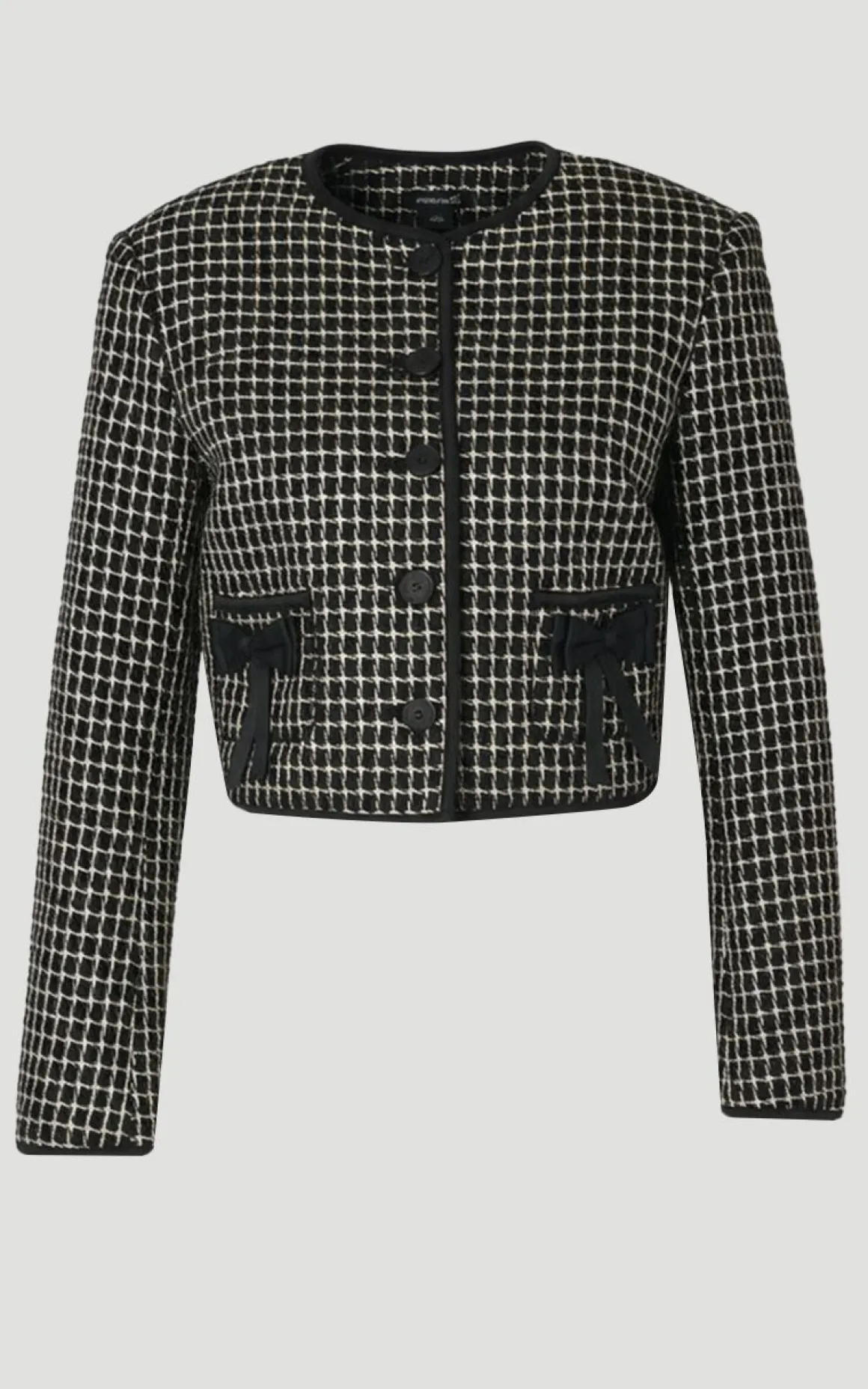 Veste Cintrée en Tweed sans Col avec Détail Nœud - Taille Haute