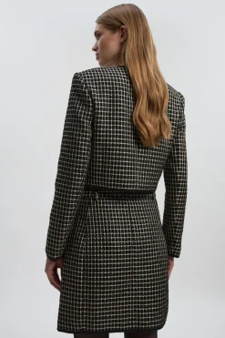 Veste Cintrée en Tweed sans Col avec Détail Nœud - Taille Haute