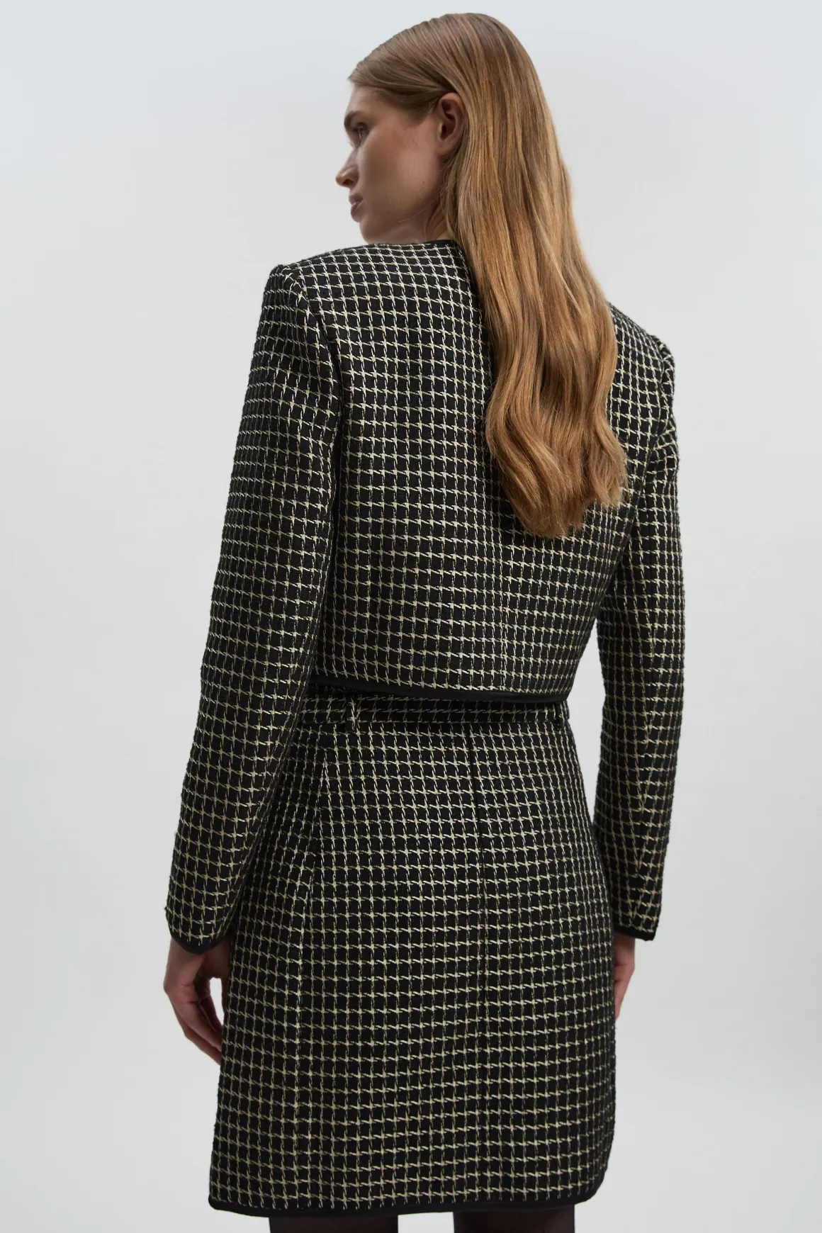 Veste Cintrée en Tweed sans Col avec Détail Nœud - Taille Haute