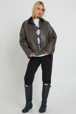 Veste à col avec couture contrastante et aspect suédé