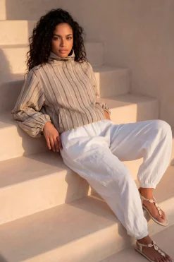 Veste À Col Cheminée Rayée Avec Taille Élastiquée
