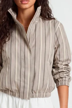 Veste À Col Cheminée Rayée Avec Taille Élastiquée