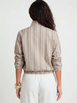 Veste À Col Cheminée Rayée Avec Taille Élastiquée
