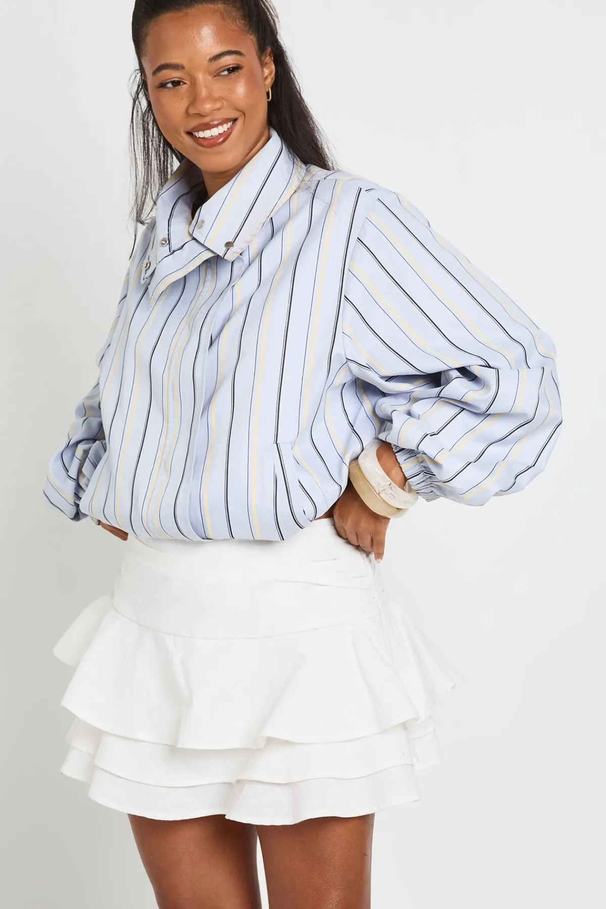 boohoo Veste À Col Montant Rayée Avec Taille Élastiquée<Femme Tops