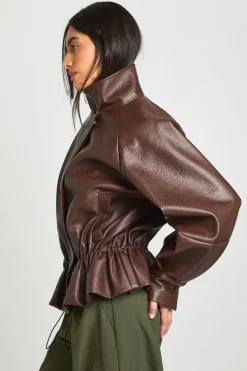Veste Col Montant Taille Cintrée En Synthétiquecuir Grainé