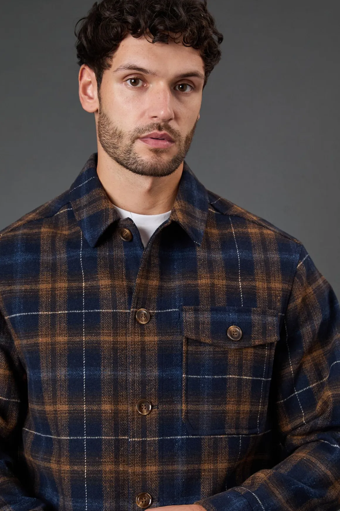 Veste Courte à Carreaux Bleu Marine Aspect Laine