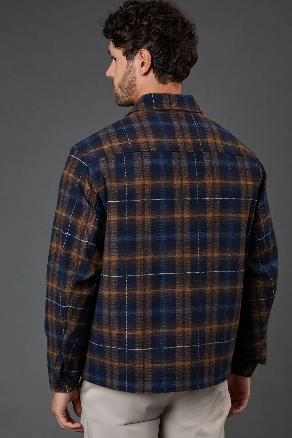 Veste Courte à Carreaux Bleu Marine Aspect Laine