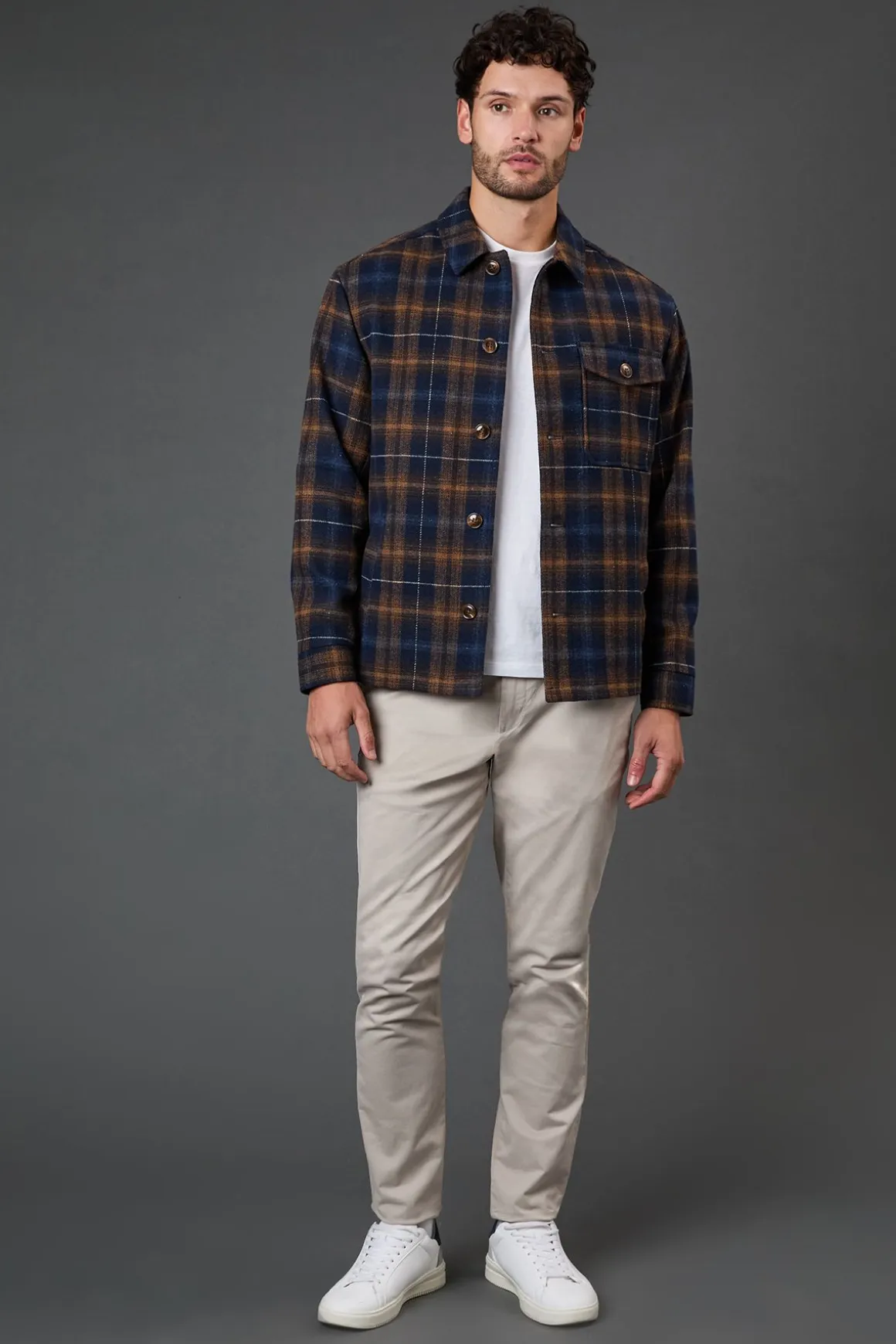 Veste Courte à Carreaux Bleu Marine Aspect Laine
