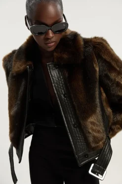 Veste Courte Ceinturée à Panneaux synthétique et synthétiquecuir