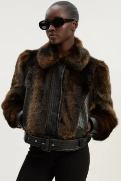 Veste Courte Ceinturée à Panneaux synthétique et synthétiquecuir