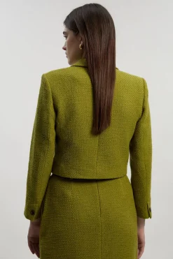 Veste Courte Cintrée en Tweed Texturé avec Poches Avant