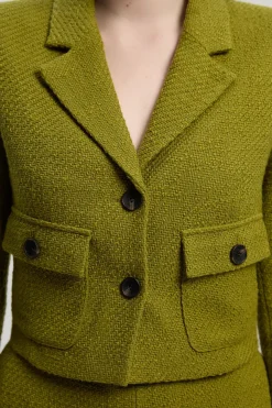 Veste Courte Cintrée en Tweed Texturé avec Poches Avant