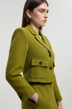 Veste Courte Cintrée en Tweed Texturé avec Poches Avant