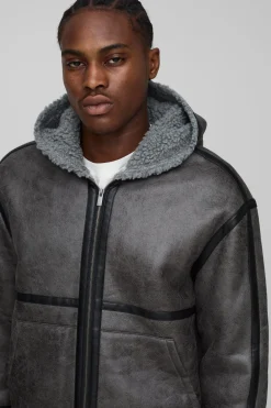 Veste d'aviateur à capuche, coupe régulière, en synthétique à surpiqûres