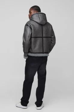 Veste d'aviateur à capuche, coupe régulière, en synthétique à surpiqûres