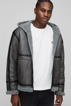 Veste d'aviateur à capuche, coupe régulière, en synthétique à surpiqûres