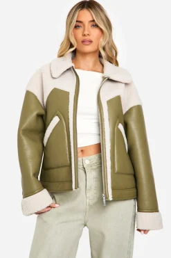 Veste d'aviateur en synthétique avec garniture en tissu teddy