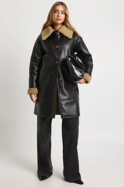 Veste d'aviateur longue en synthétique avec garniture en fourrure